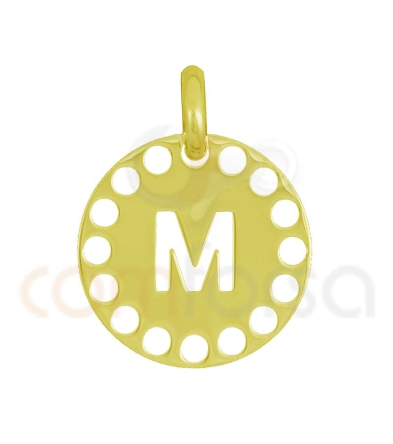 Pingente letra M com círculos cortados 14 mm de prata 925 banhada ouro