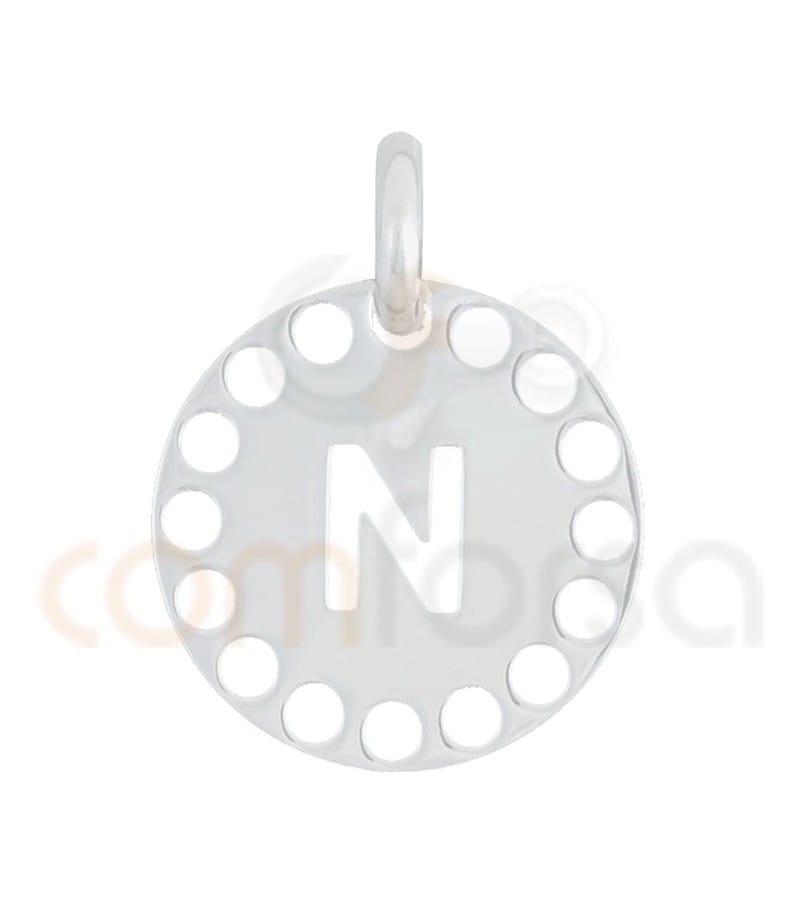 Pingente letra N com círculos cortados 14 mm de prata 925