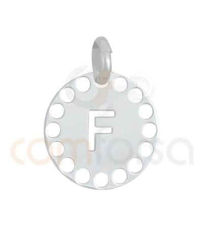 Pingente letra F com círculos cortados 14 mm de prata 925