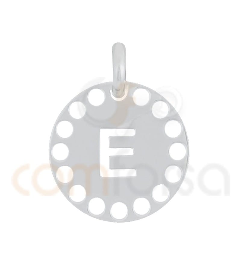Pingente letra E com círculos cortados 14 mm de prata 925