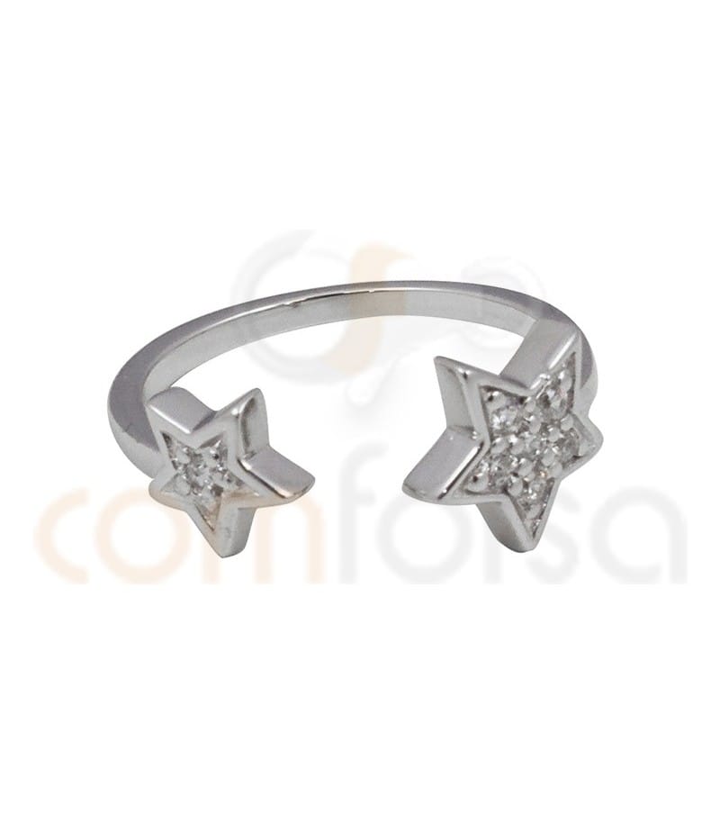 Anel aberto estrela com zirconias em prata 925ml rodinada