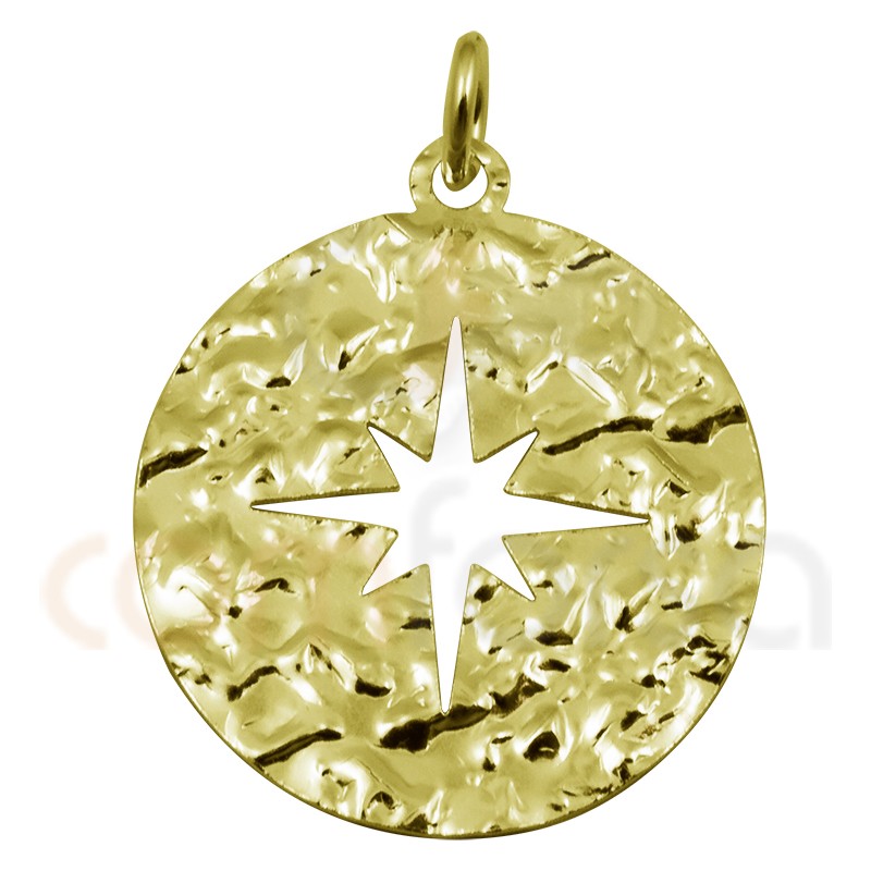 Estrela polar medalhada martelada 20mm prata 925 banhado a ouro