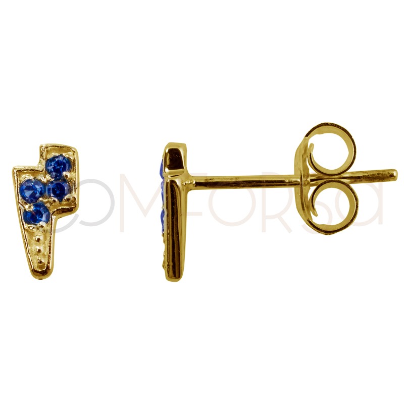 Mini brinco raio com zircões capri blue 7 x 3.8 mm prata 925 banhada a ouro