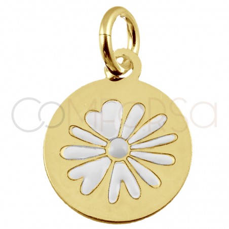 Pingente flor esmalte "Daisy White" 10mm prata 925 banhada a ouro