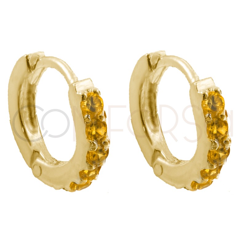 Brincos argola 10mm zircões amarelas prata 925 banhada a ouro