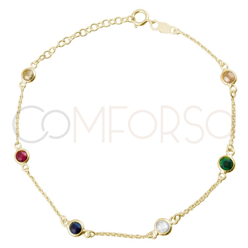 Pulseira zircões multi-color 17+3.5cm prata 925 banhada a ouro