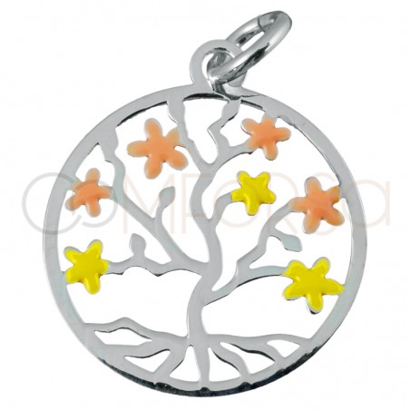 Ciondolo rotondo con albero della vita primavera in argento 925