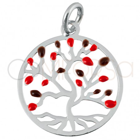 Ciondolo rotondo con albero della vita autunno rosso in argento 925