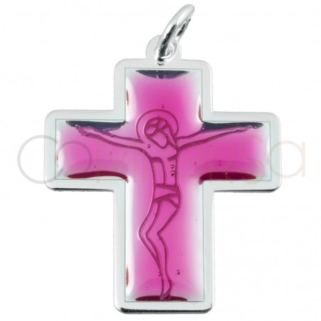 Medaglia Cristo sulla croce rosa 18 x 20mm argento 925