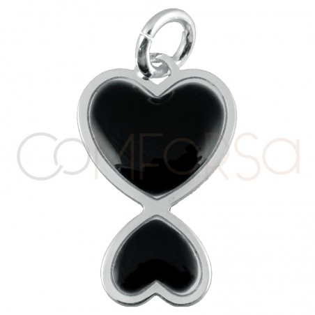 Ciondolo doppio cuore smalto nero 10x16mm argento placcato oro