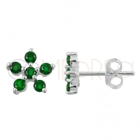 Orecchini fiore 5 zirconi verde 8x8mm argento placcato oro 2x5mm