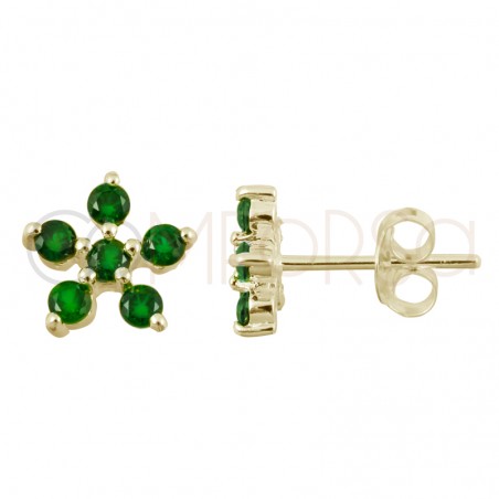 Orecchini fiore 5 zirconi verde 8x8mm argento placcato oro 2x5mm