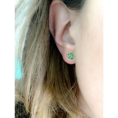 Orecchini fiore 5 zirconi verde 8x8mm argento placcato oro 2x5mm