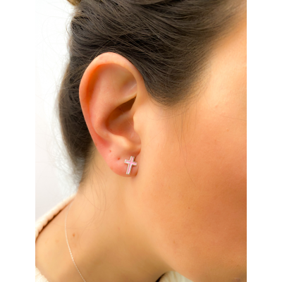 Orecchino croce con smalto rosa 7x10mm argento placcato oro