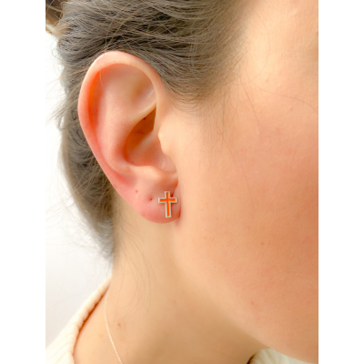 Orecchino croce con smalto arancione-ambra 7x10mm argento 925