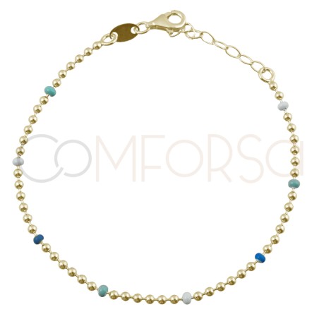 Bracciale con perline di colore azzurro 17cm + 4cm argento 925 placcato oro