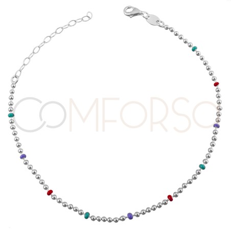 Cavigliera con perline verde, corallo Lilla 21.5cm + 4.5cm Argento 925