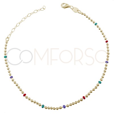 Cavigliera con perline verde, corallo Lilla 21.5cm + 4.5cm Argento 925