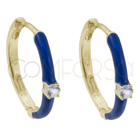 Orecchino smalto blu con zircone 18mm argento placcato oro