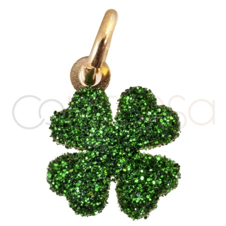 Ciondolo quadrifoglio glitter verde 8x8mm argento placcato oro