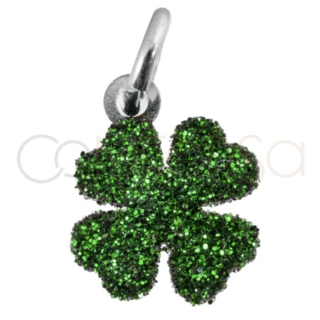 Ciondolo quadrifoglio glitter verde 8x8mm argento placcato oro