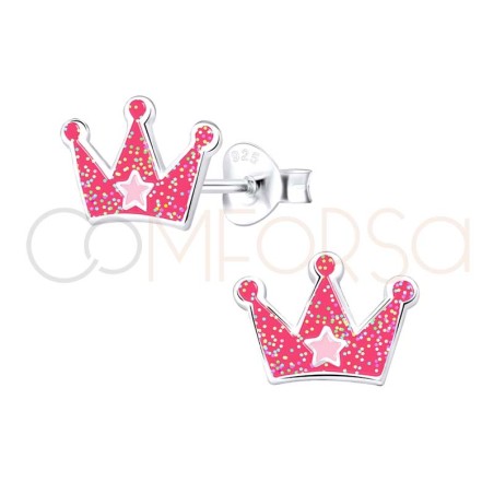 Orecchino corona principessa fucsia 10x7mm Argento 925