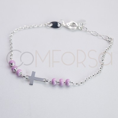 Bracciale Croce con smalto rosa 14 + 2cm Argento 925