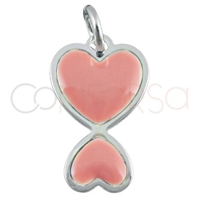 Ciondolo doppio cuore smalto rosa 10x16mm argento placcato oro