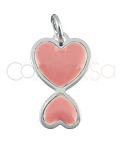 Ciondolo doppio cuore smalto rosa 10x16mm argento placcato oro