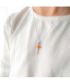 Ciondolo croce con cuore arancione 14 x 25mm Argento 925