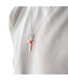 Ciondolo croce con cuore arancione 14 x 25mm Argento 925