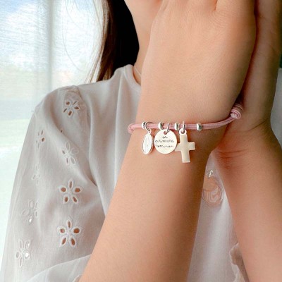 Bracciale in gomma rosa con ciondoli a croce, Vergine e medaglia "la mia prima comunione" Argento 925