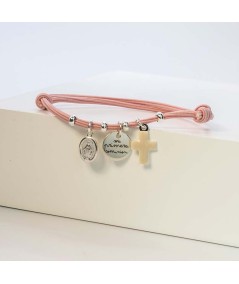 Bracciale in gomma rosa con ciondoli a croce, Vergine e medaglia "la mia prima comunione" Argento 925