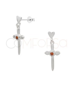 Orecchini a cuore con ciondolo di pugnale e zirconi 7 x 12mm argento 925