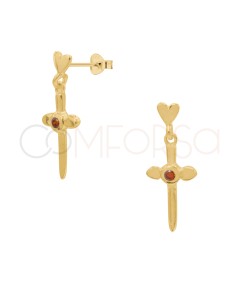 Orecchini a cuore con ciondolo di pugnale e zirconi 7 x 12mm argento 925 placcato oro