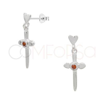 Orecchini a cuore con ciondolo di pugnale e zirconi 7 x 12mm argento 925 placcato oro